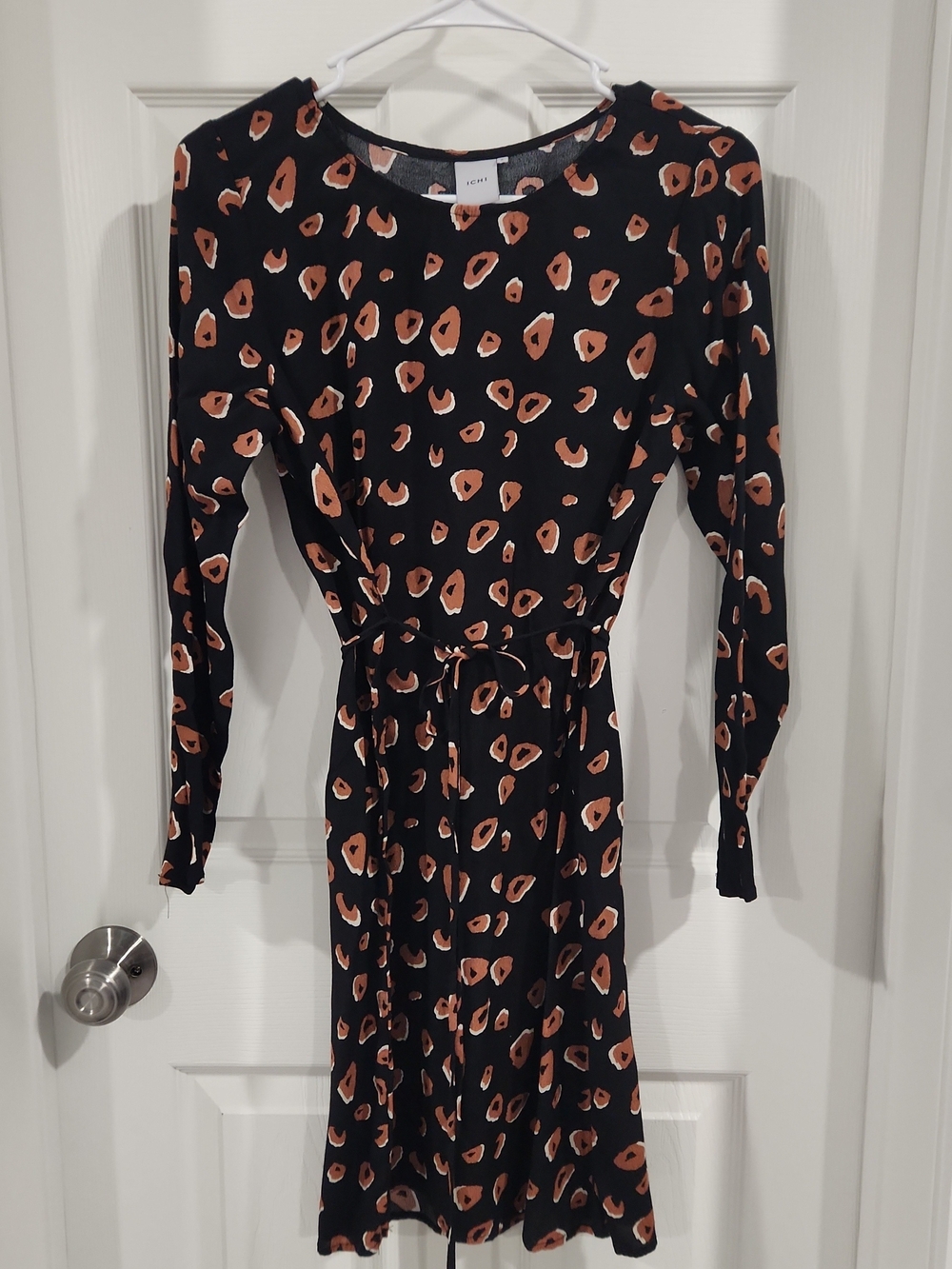 ichi Dress Kanya Long-Sleeve Day Dress Crew Neck Tie Belt Size Small Flawlwss